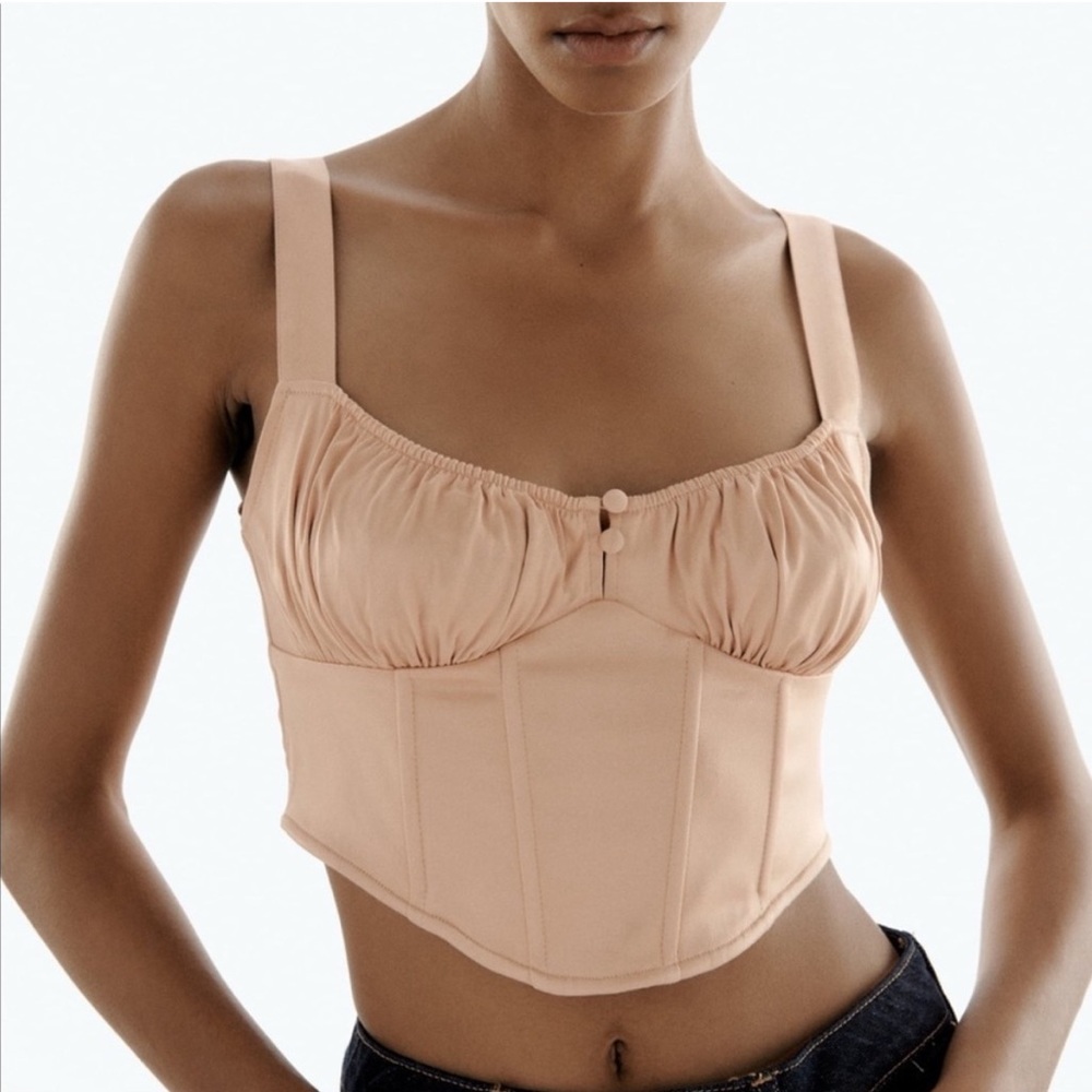 Zara Champagne Beige Nude Bustier Corset Button Front Top